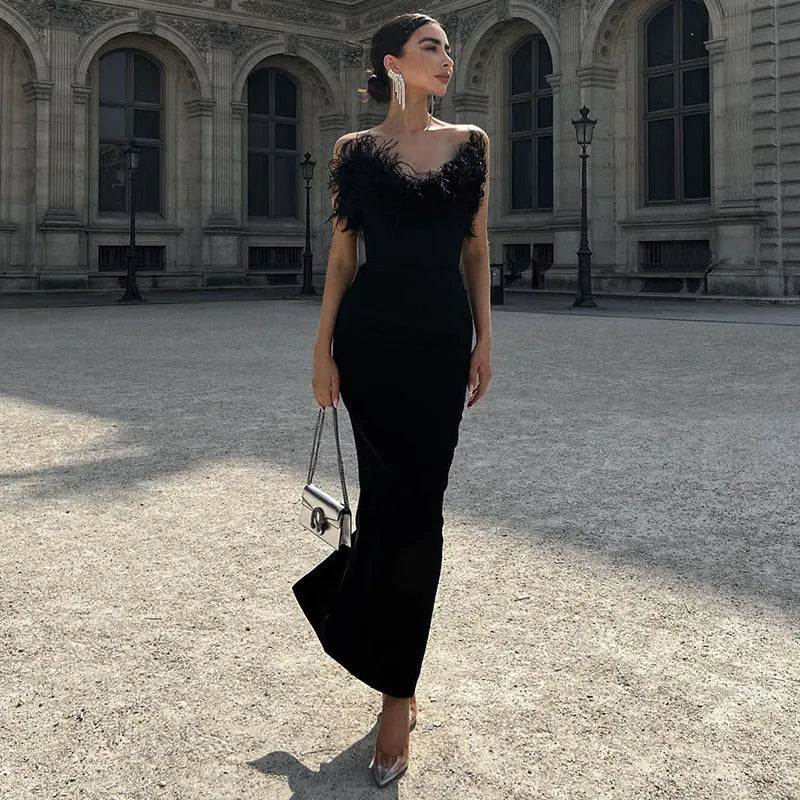 Women's Black Dress with Feather Trim | Evening Maxi