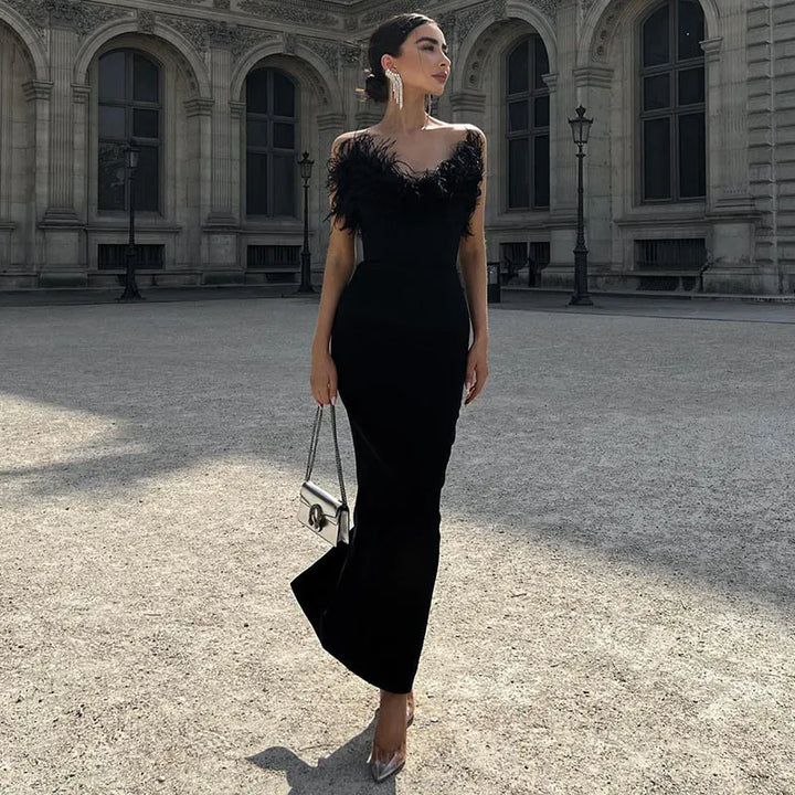 Women's Black Dress with Feather Trim | Evening Maxi