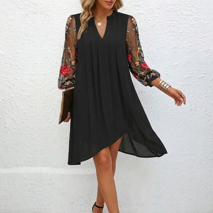 Women's Black Dress with Floral Sleeves & V-Neck | Mini