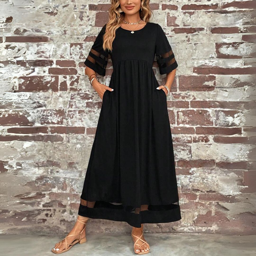 Women's Black Dress with Mesh Panel Sleeves | Casual Maxi