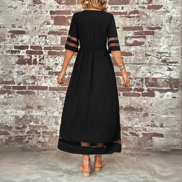 Women's Black Dress with Mesh Panel Sleeves | Casual Maxi