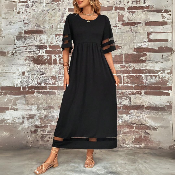 Women's Black Dress with Mesh Panel Sleeves | Casual Maxi