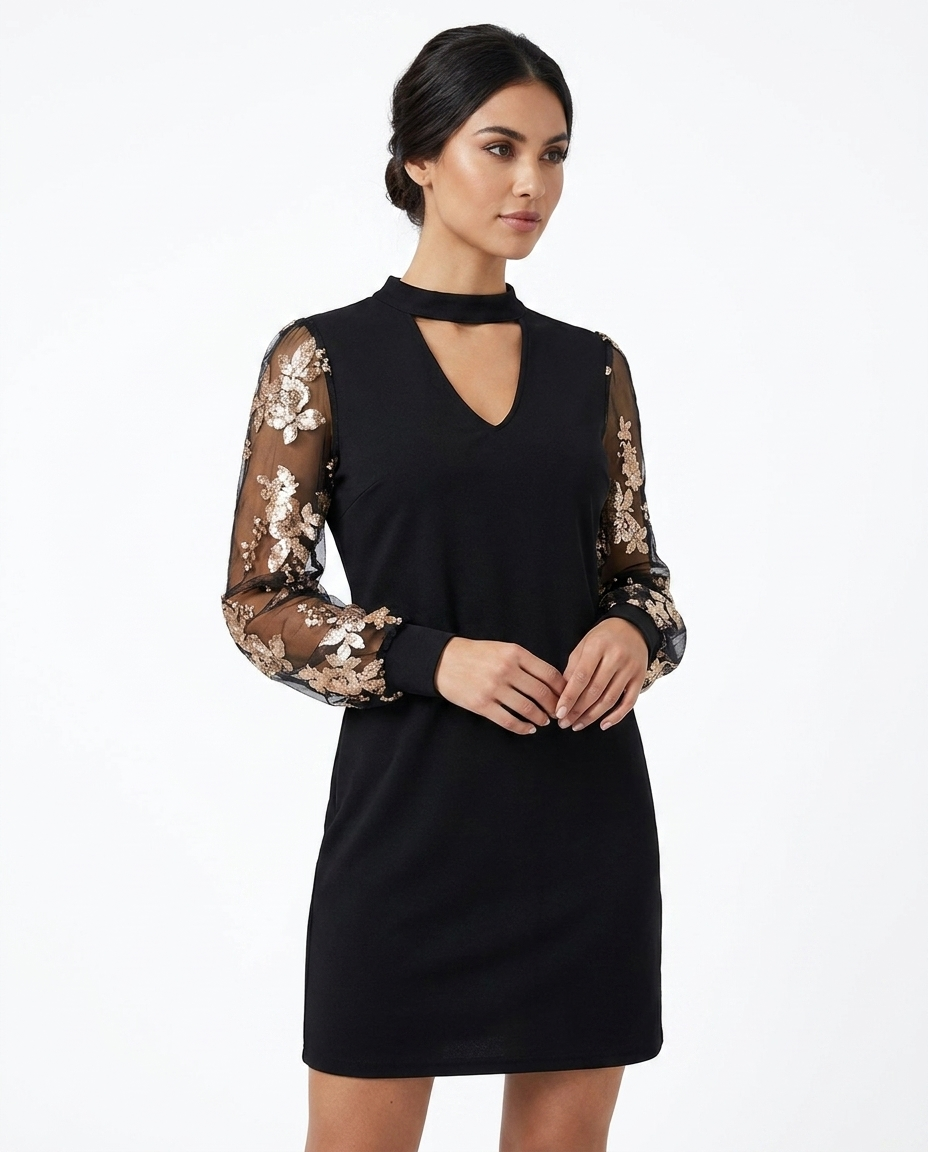 Women's Black Dress with Mesh Sleeves & Keyhole | Cocktail