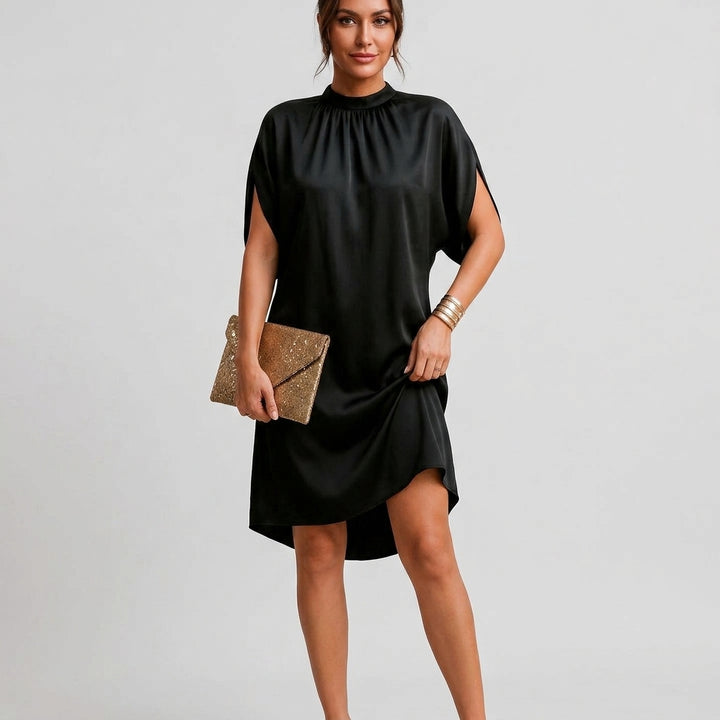 Women's Black Dress with Mock Neck & Cap Sleeves | Mini