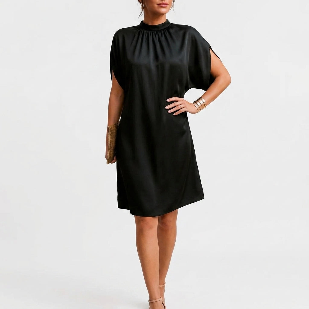 Women's Black Dress with Mock Neck & Cap Sleeves | Mini