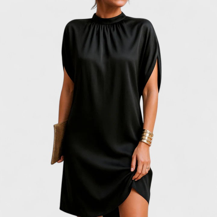 Women's Black Dress with Mock Neck & Cap Sleeves | Mini