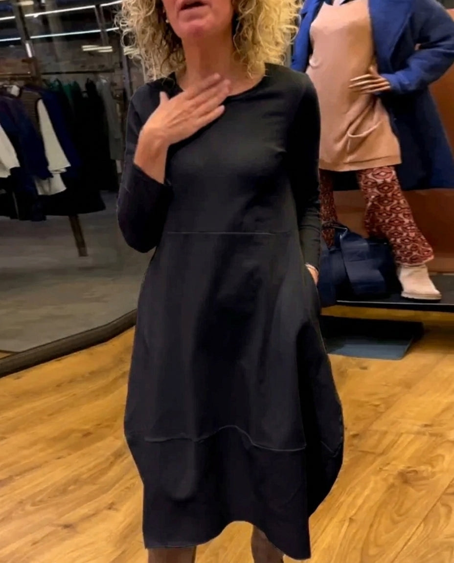 Women's Black Dress with Round Neck | Midi Casual
