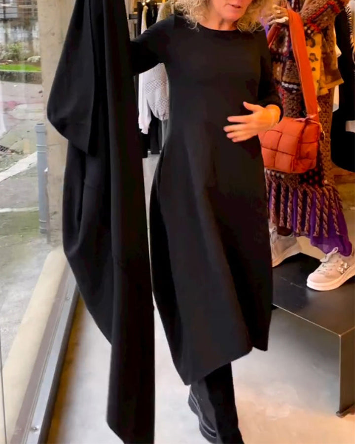 Women's Black Dress with Round Neck | Midi Casual