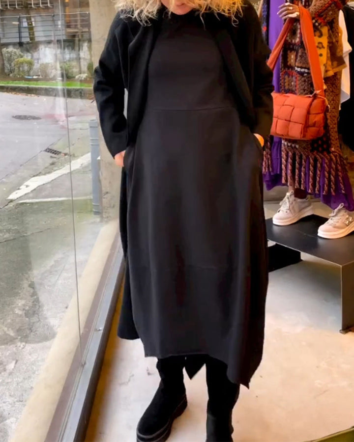 Women's Black Dress with Round Neck | Midi Casual