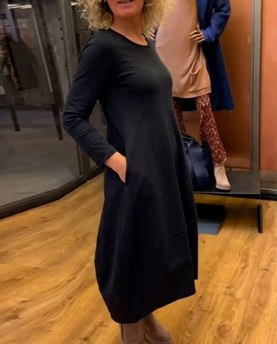 Women's Black Dress with Round Neck | Midi Casual