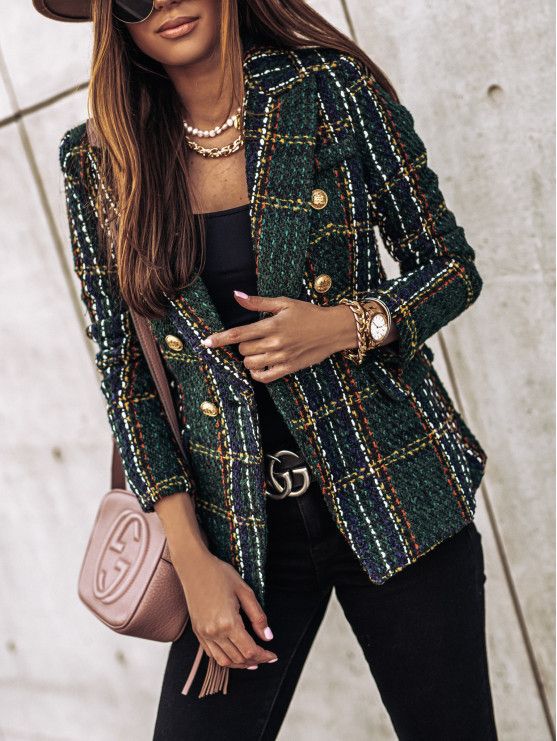 Women’s Blazer with Double Breasted & Plaid Pattern | Office