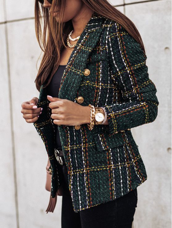 Women’s Blazer with Double Breasted & Plaid Pattern | Office