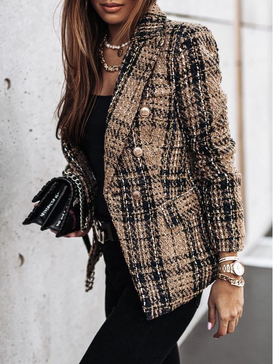 Women’s Blazer with Double Breasted & Plaid Pattern | Office