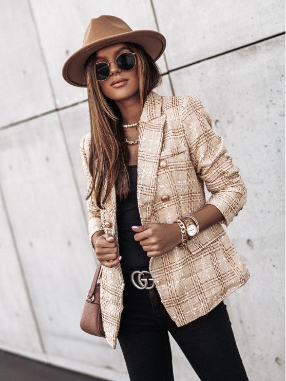 Women’s Blazer with Double Breasted & Plaid Pattern | Office