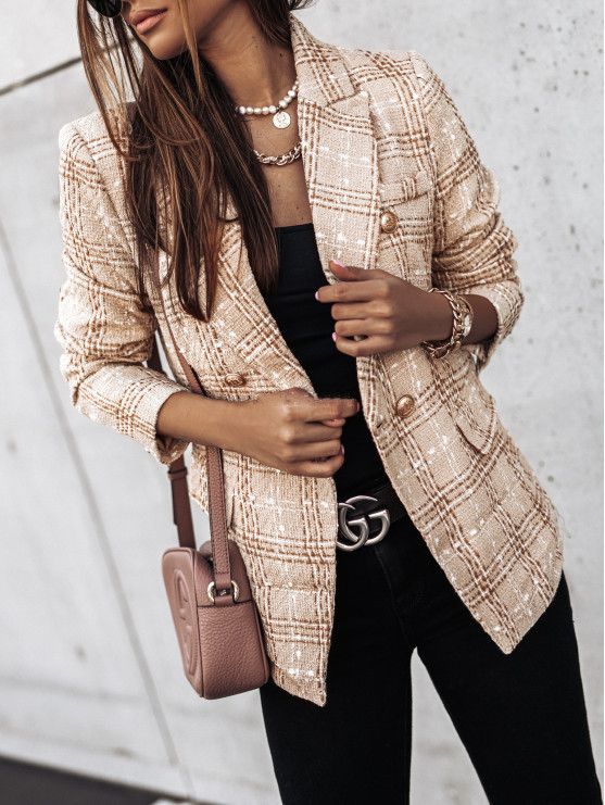 Women’s Blazer with Double Breasted & Plaid Pattern | Office