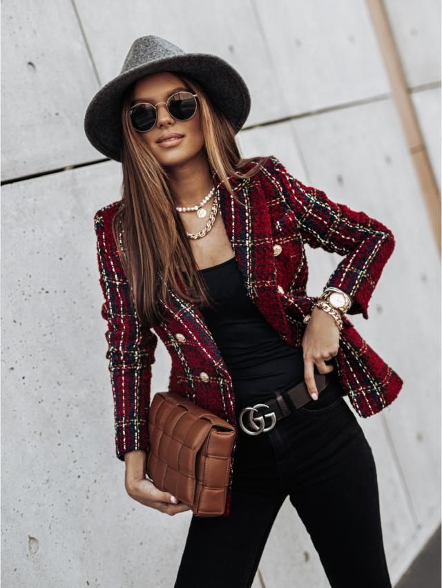 Women’s Blazer with Double Breasted & Plaid Pattern | Office