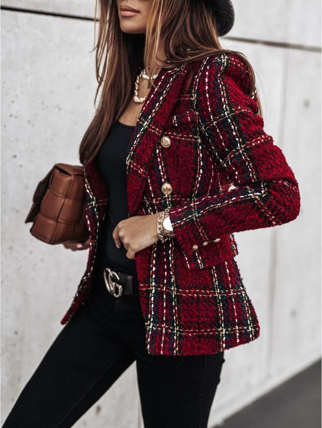 Women’s Blazer with Double Breasted & Plaid Pattern | Office