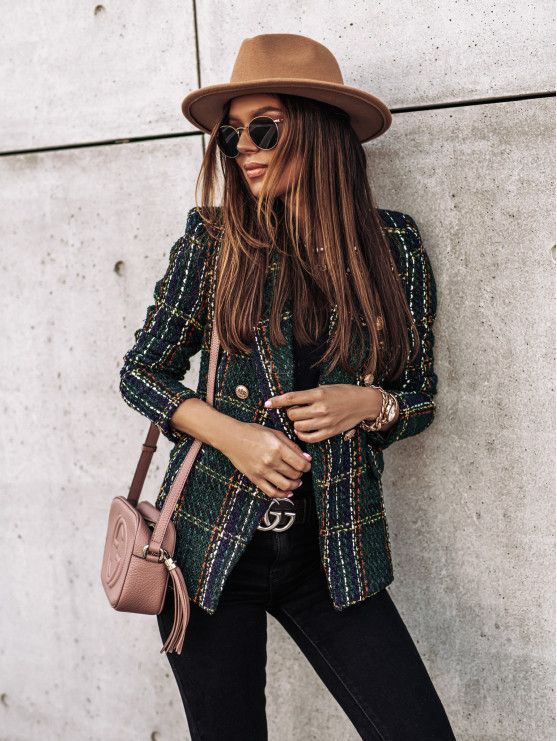 Women’s Blazer with Double Breasted & Plaid Pattern | Office