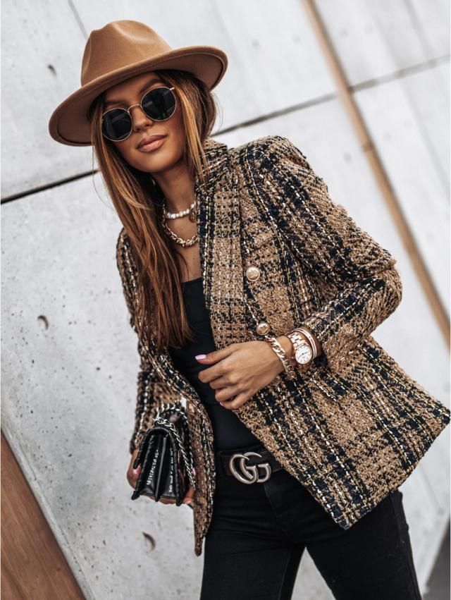 Women’s Blazer with Double Breasted & Plaid Pattern | Office