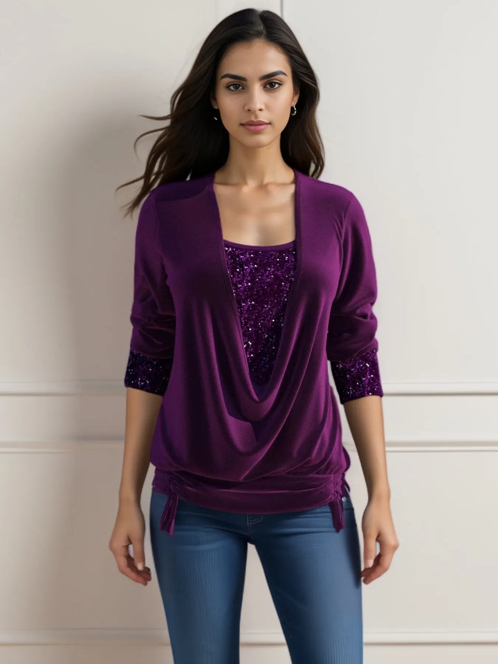 Women’s Blouse Cowl Neck Sequin Panel Long Sleeve | Ruched Hem