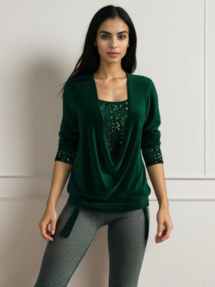 Women’s Blouse Cowl Neck Sequin Panel Long Sleeve | Ruched Hem