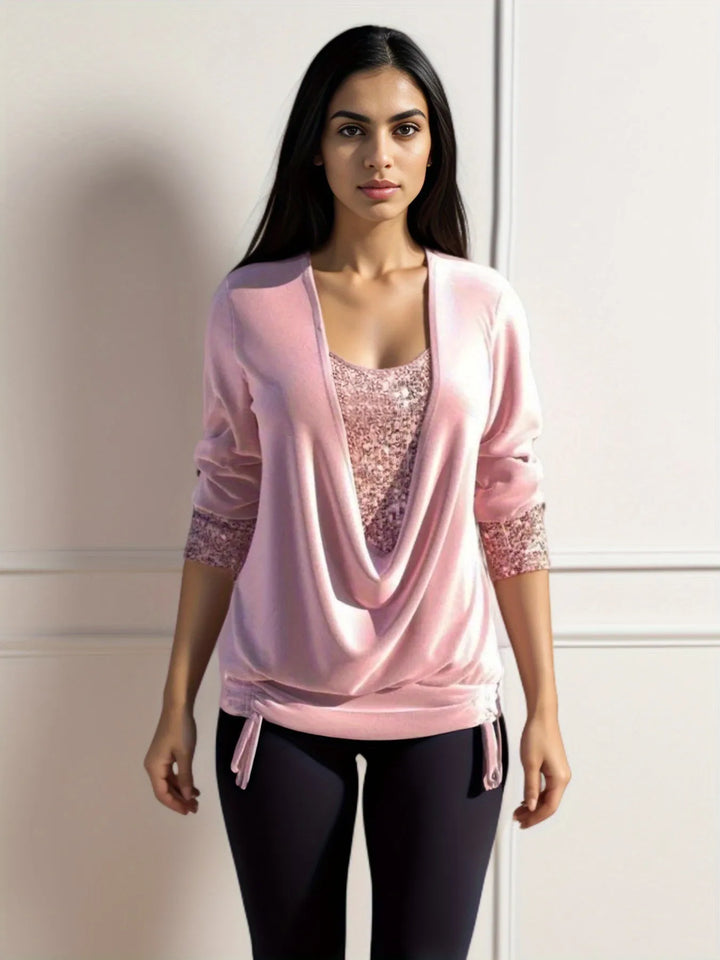 Women’s Blouse Cowl Neck Sequin Panel Long Sleeve | Ruched Hem