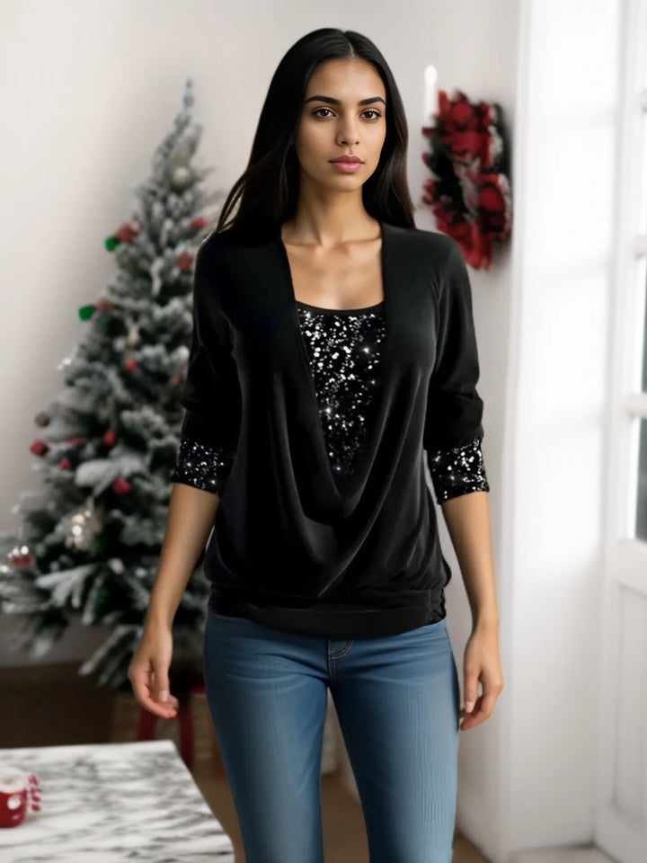 Women’s Blouse Cowl Neck Sequin Panel Long Sleeve | Ruched Hem