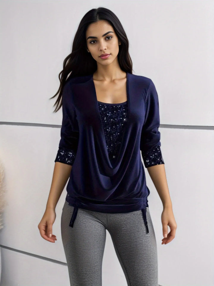 Women’s Blouse Cowl Neck Sequin Panel Long Sleeve | Ruched Hem