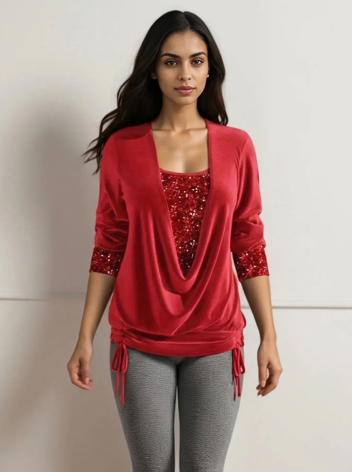 Women’s Blouse Cowl Neck Sequin Panel Long Sleeve | Ruched Hem