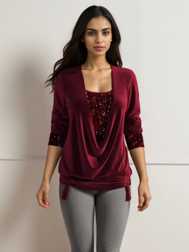 Women’s Blouse Cowl Neck Sequin Panel Long Sleeve | Ruched Hem
