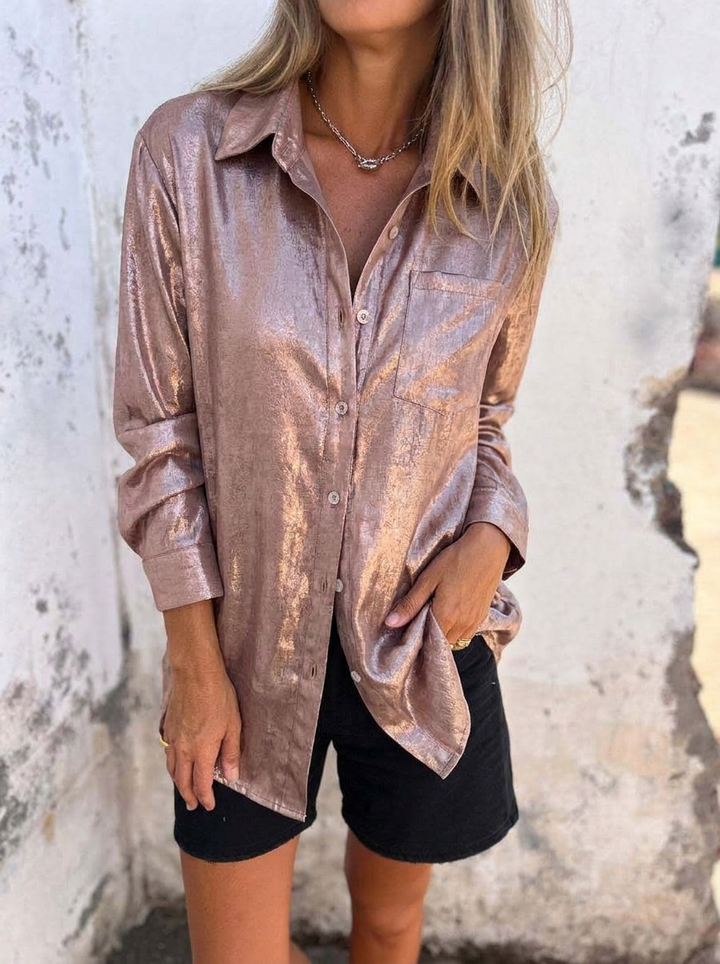 Women’s Blouse Metallic Button Up Long Sleeve | Chest Pocket