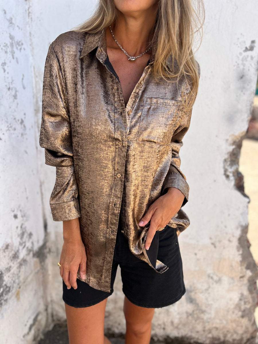 Women’s Blouse Metallic Button Up Long Sleeve | Chest Pocket