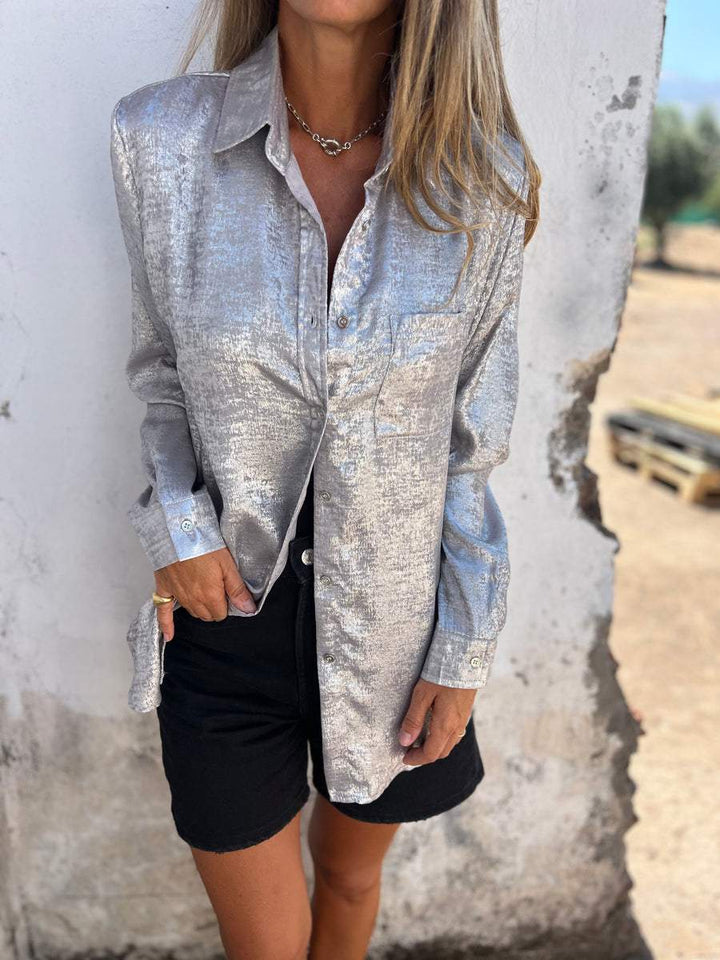 Women’s Blouse Metallic Button Up Long Sleeve | Chest Pocket