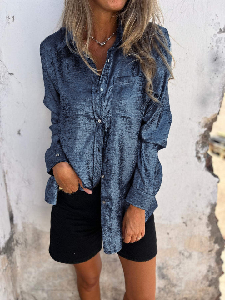 Women’s Blouse Metallic Button Up Long Sleeve | Chest Pocket