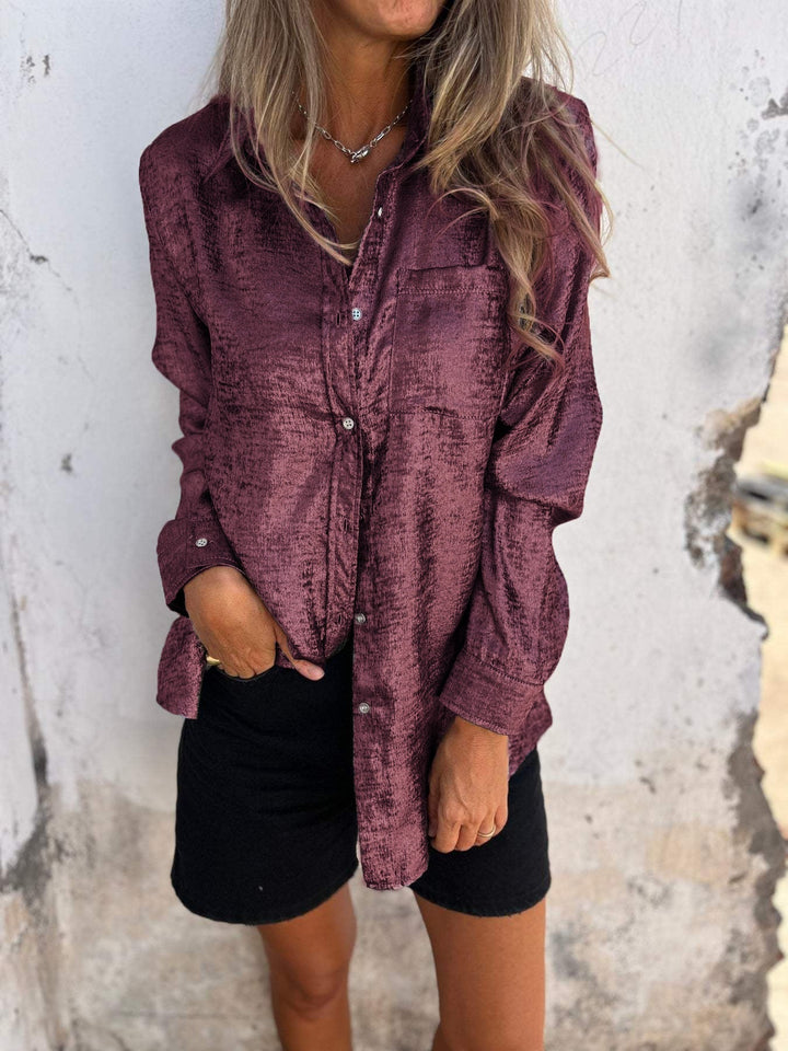 Women’s Blouse Metallic Button Up Long Sleeve | Chest Pocket