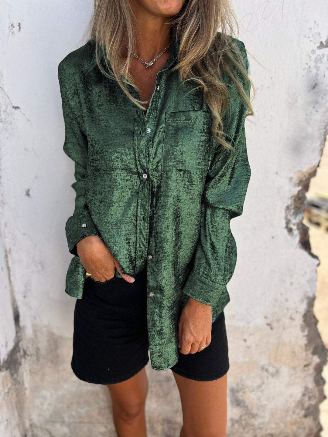 Women’s Blouse Metallic Button Up Long Sleeve | Chest Pocket