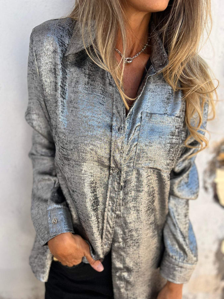 Women’s Blouse Metallic Button Up Long Sleeve | Chest Pocket