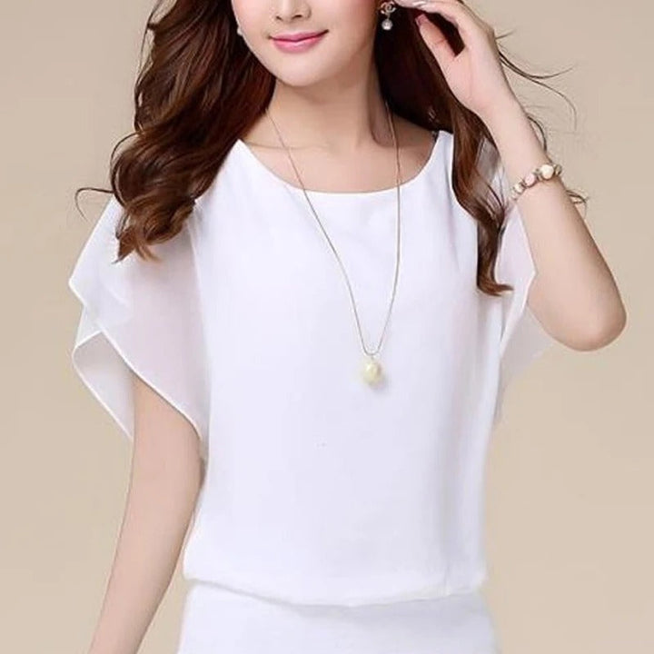 Women’s Blouse Round Neck Sheer Butterfly Sleeve | Banded Hem