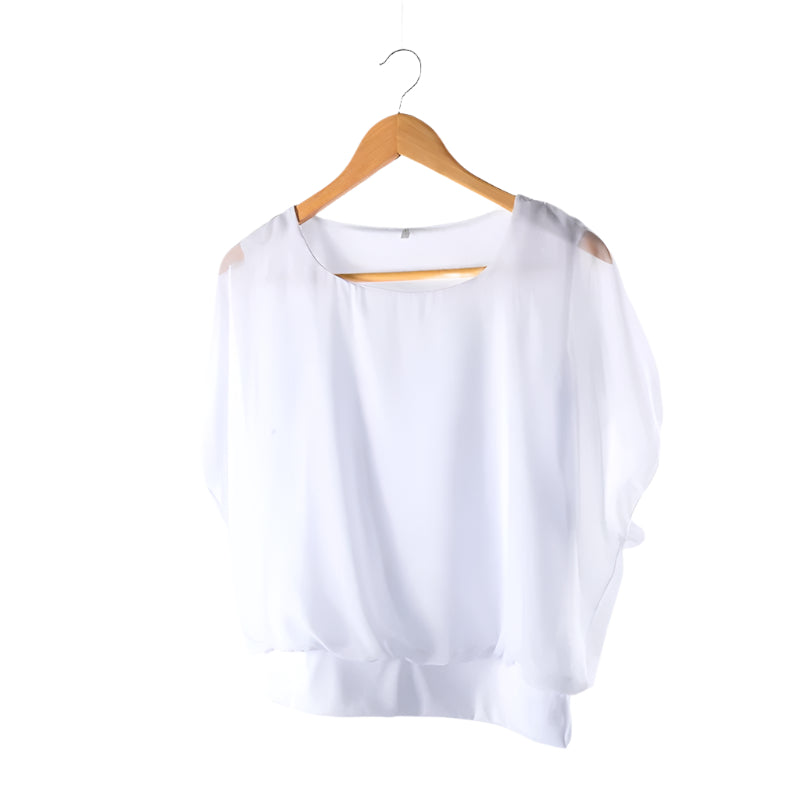 Women’s Blouse Round Neck Sheer Butterfly Sleeve | Banded Hem