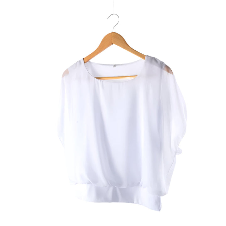 Women’s Blouse Round Neck Sheer Butterfly Sleeve | Banded Hem