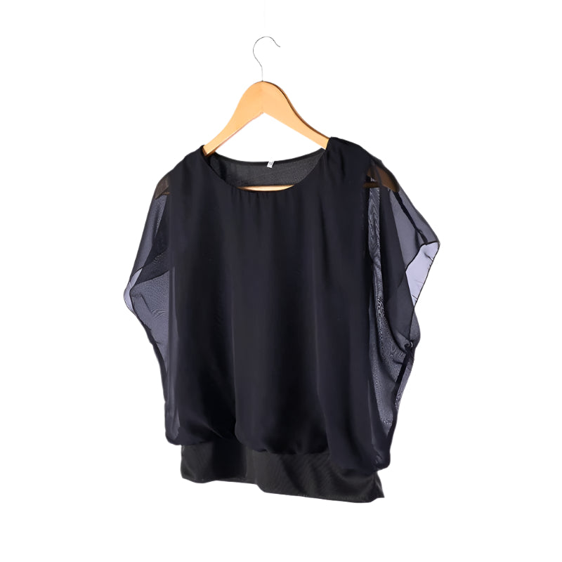 Women’s Blouse Round Neck Sheer Butterfly Sleeve | Banded Hem