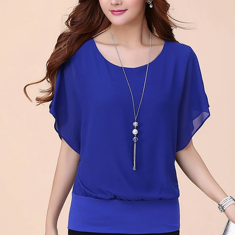 Women’s Blouse Round Neck Sheer Butterfly Sleeve | Banded Hem