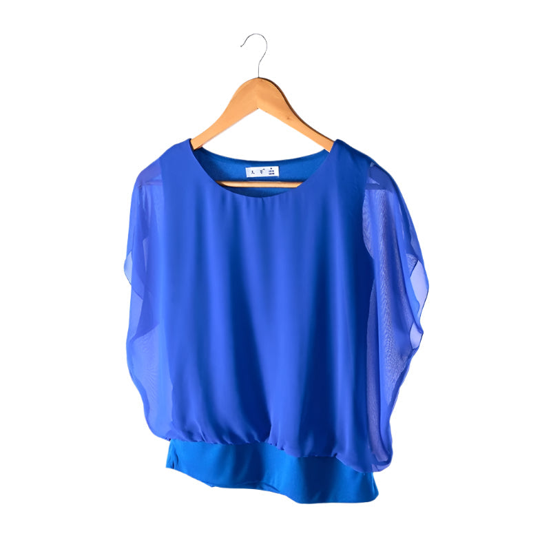 Women’s Blouse Round Neck Sheer Butterfly Sleeve | Banded Hem