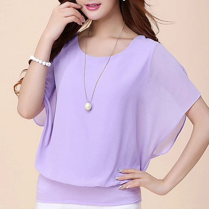Women’s Blouse Round Neck Sheer Butterfly Sleeve | Banded Hem