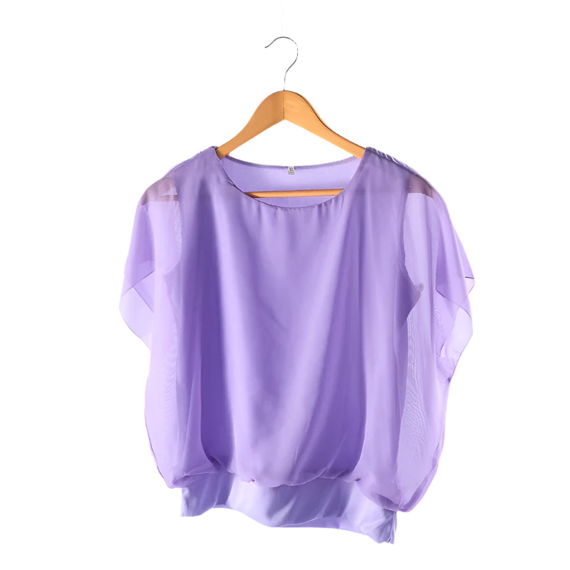 Women’s Blouse Round Neck Sheer Butterfly Sleeve | Banded Hem