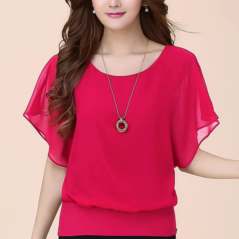 Women’s Blouse Round Neck Sheer Butterfly Sleeve | Banded Hem
