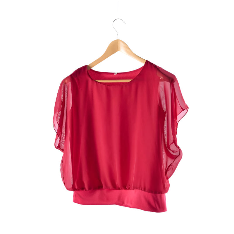 Women’s Blouse Round Neck Sheer Butterfly Sleeve | Banded Hem