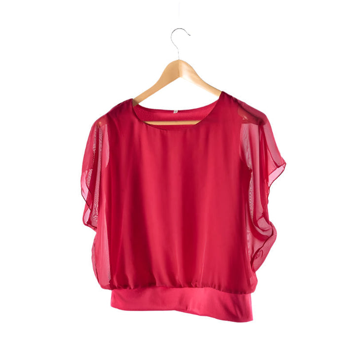Women’s Blouse Round Neck Sheer Butterfly Sleeve | Banded Hem