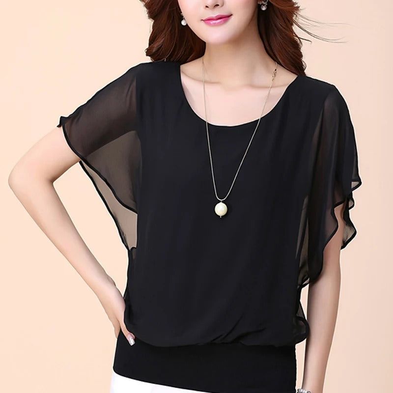 Women’s Blouse Round Neck Sheer Butterfly Sleeve | Banded Hem