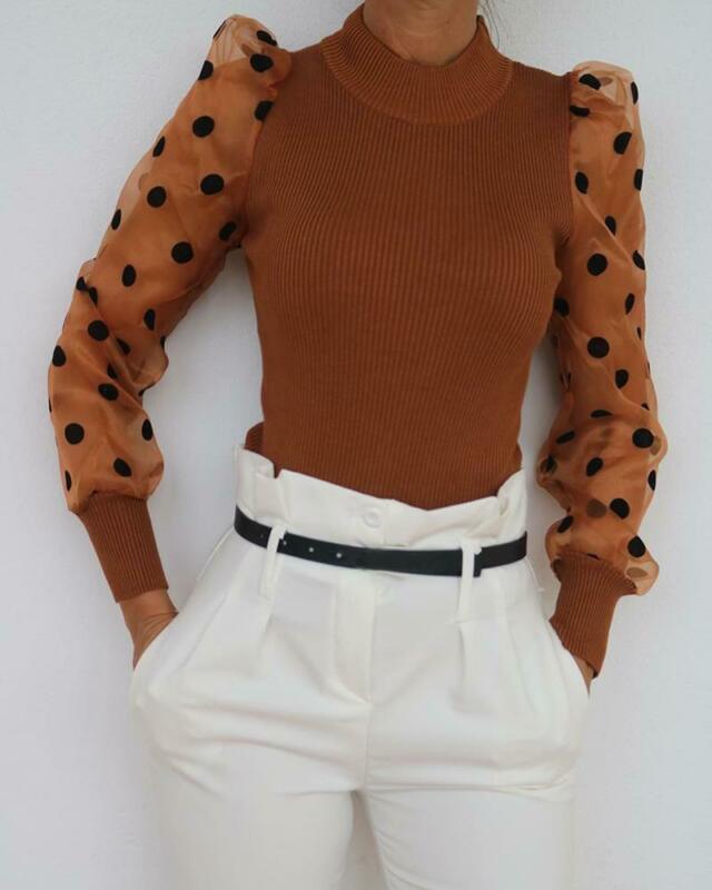 Women’s Blouse Sheer Polka Dot Puff Sleeve | Mock Neck